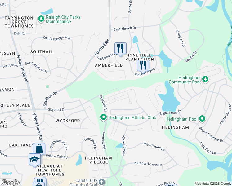 map of restaurants, bars, coffee shops, grocery stores, and more near 4737 Forest Highland Drive in Raleigh
