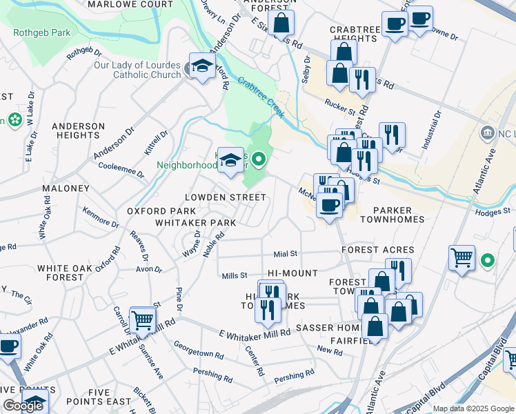 map of restaurants, bars, coffee shops, grocery stores, and more near 741 Fallon Grove Way in Raleigh
