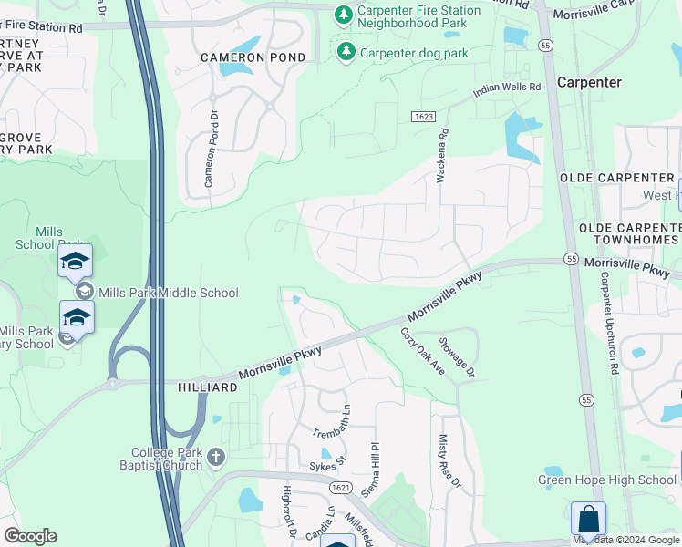 map of restaurants, bars, coffee shops, grocery stores, and more near 3105 Banks Knoll Drive in Cary