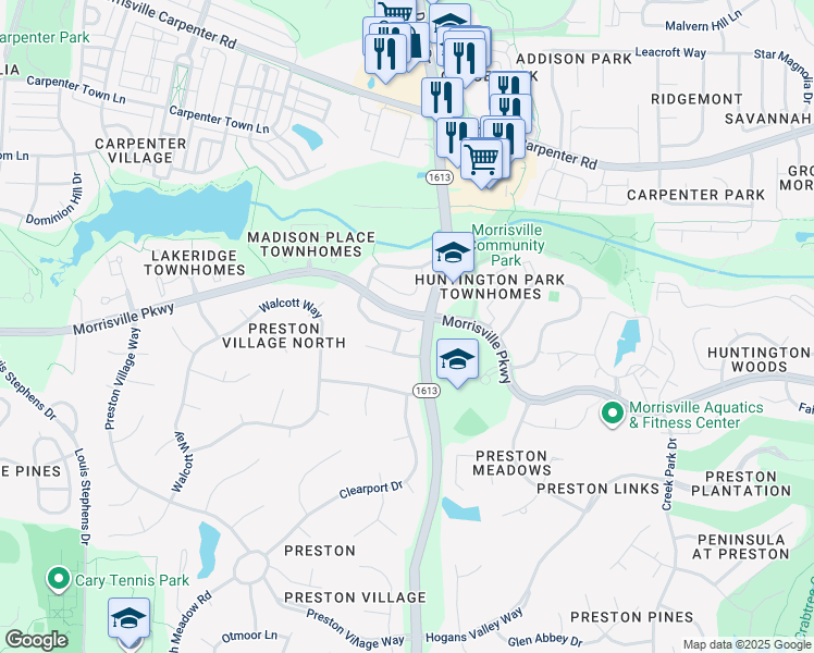 map of restaurants, bars, coffee shops, grocery stores, and more near 1211 Kingston Grove Drive in Cary