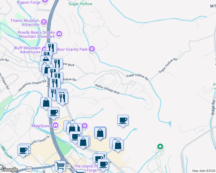 map of restaurants, bars, coffee shops, grocery stores, and more near 2426 Cobbler Way in Pigeon Forge
