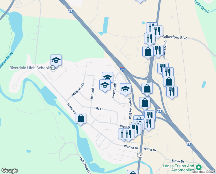 map of restaurants, bars, coffee shops, grocery stores, and more near 2240 Southpark Drive in Murfreesboro