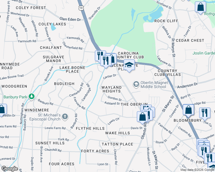 map of restaurants, bars, coffee shops, grocery stores, and more near 2709 Cartier Drive in Raleigh