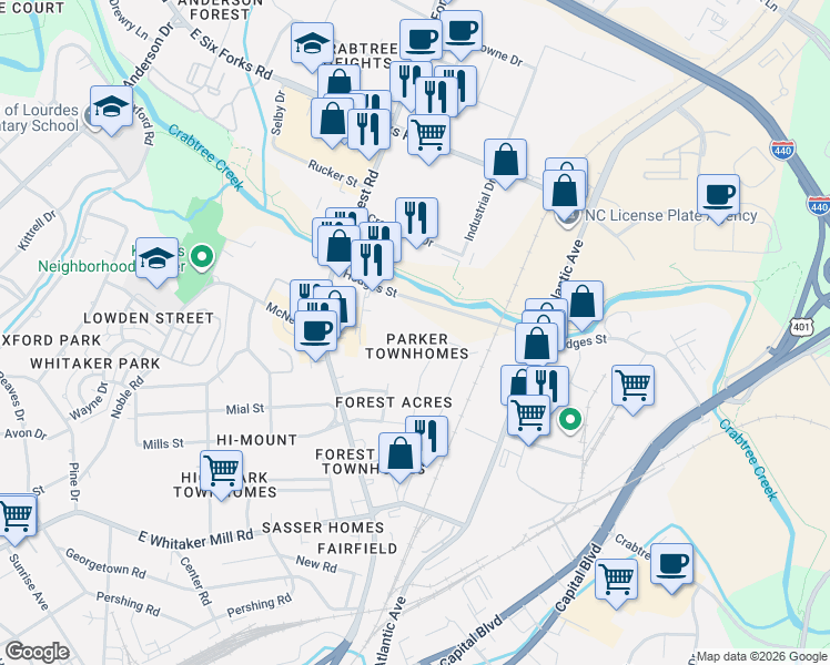 map of restaurants, bars, coffee shops, grocery stores, and more near 940 Hodges Street in Raleigh