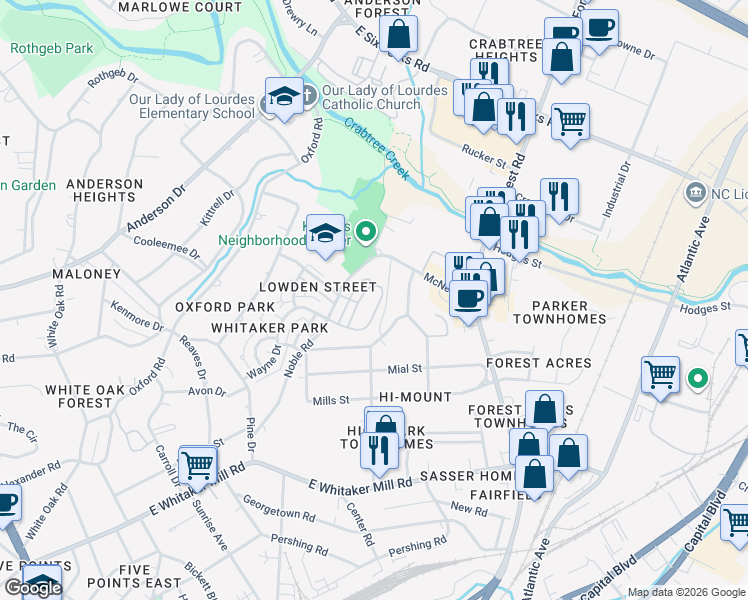 map of restaurants, bars, coffee shops, grocery stores, and more near 2440 Noble Road in Raleigh