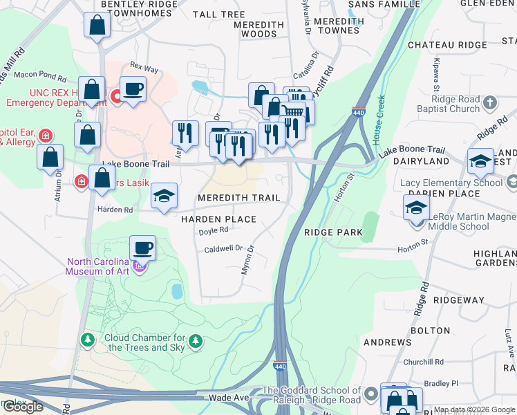 map of restaurants, bars, coffee shops, grocery stores, and more near 3312 Harden Road in Raleigh