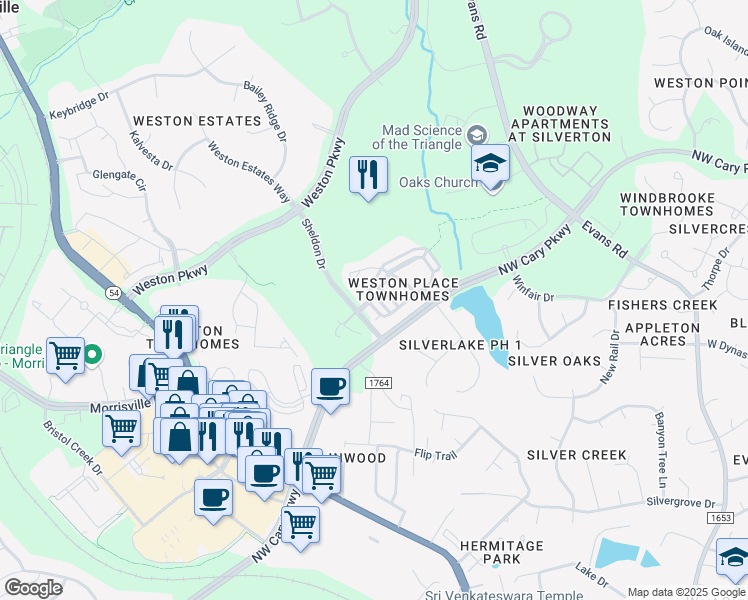 map of restaurants, bars, coffee shops, grocery stores, and more near 5020 Weston Green Loop in Cary