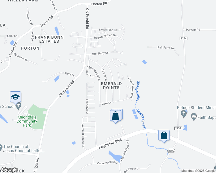map of restaurants, bars, coffee shops, grocery stores, and more near 204 Zircon Lane in Knightdale