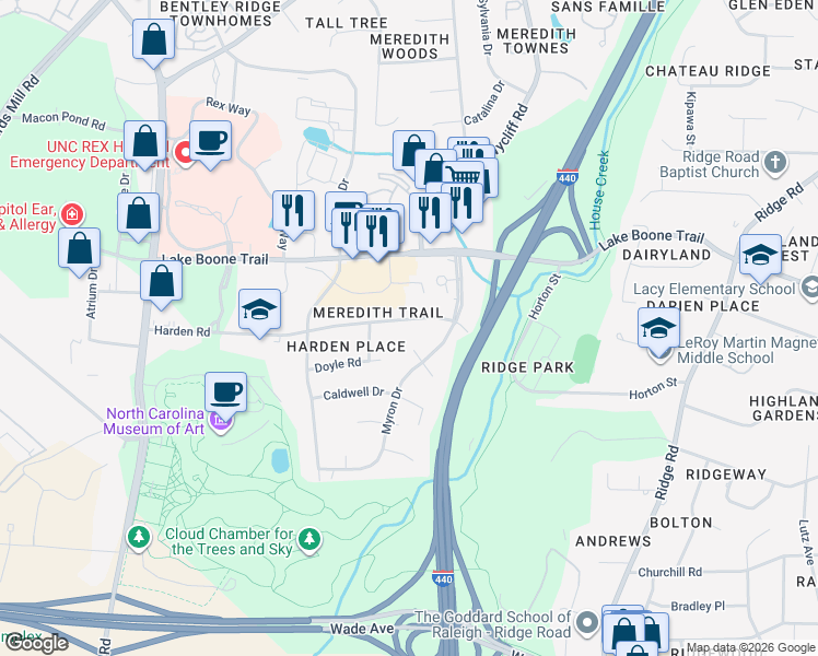map of restaurants, bars, coffee shops, grocery stores, and more near 3312 Harden Road in Raleigh