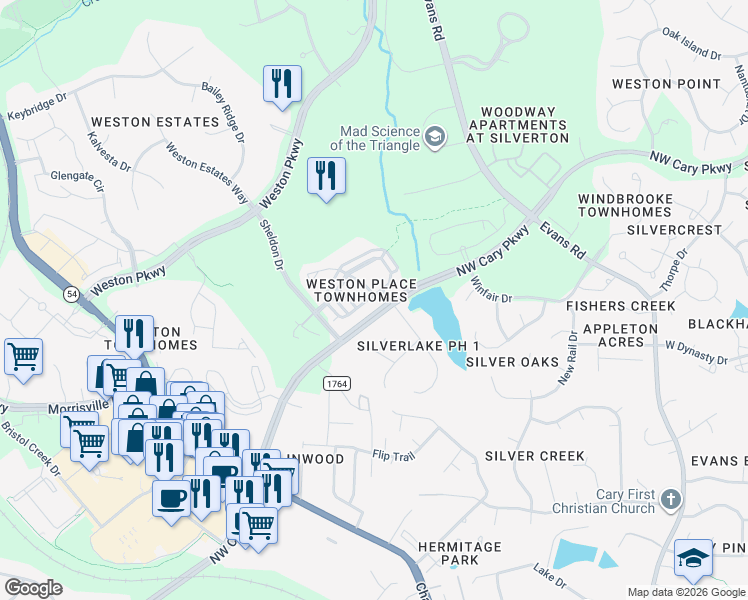map of restaurants, bars, coffee shops, grocery stores, and more near 110 Langford Valley Way in Cary