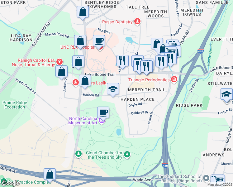 map of restaurants, bars, coffee shops, grocery stores, and more near 3510 Harden Road in Raleigh