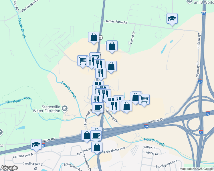 map of restaurants, bars, coffee shops, grocery stores, and more near 1025 4th Creek Landing Drive in Statesville