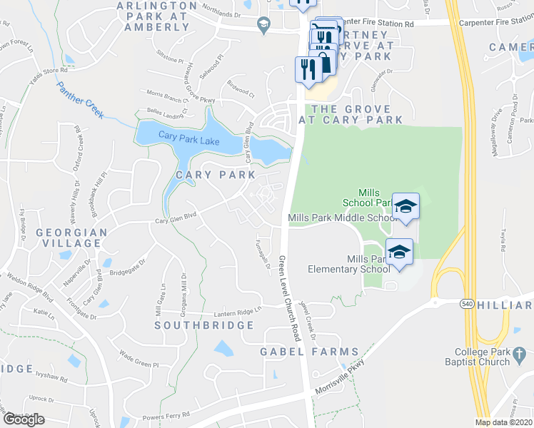 map of restaurants, bars, coffee shops, grocery stores, and more near 222 Waterford Lake Drive in Cary