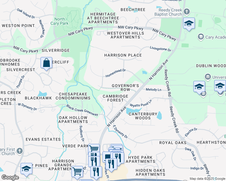map of restaurants, bars, coffee shops, grocery stores, and more near 121 Westongate Way in Cary