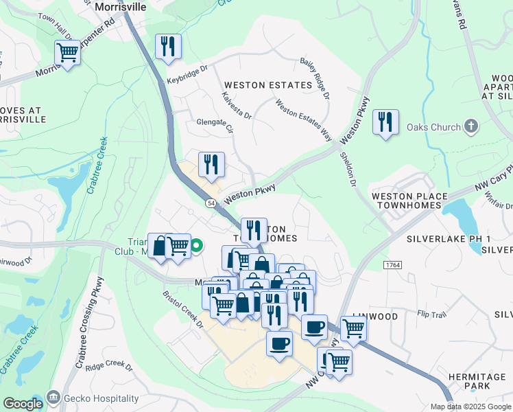 map of restaurants, bars, coffee shops, grocery stores, and more near 15501 Weston Parkway in Cary