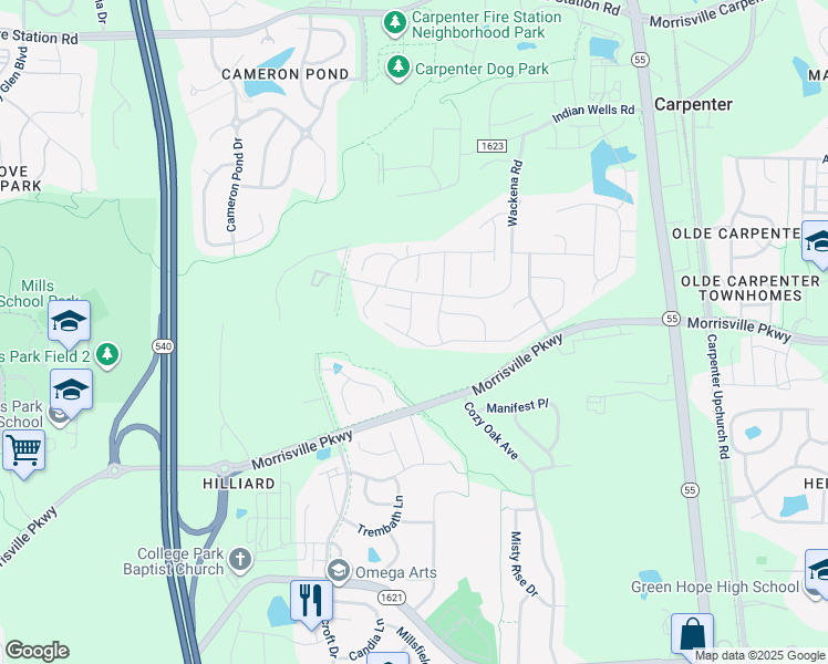 map of restaurants, bars, coffee shops, grocery stores, and more near 425 Candlebrook Lane in Cary