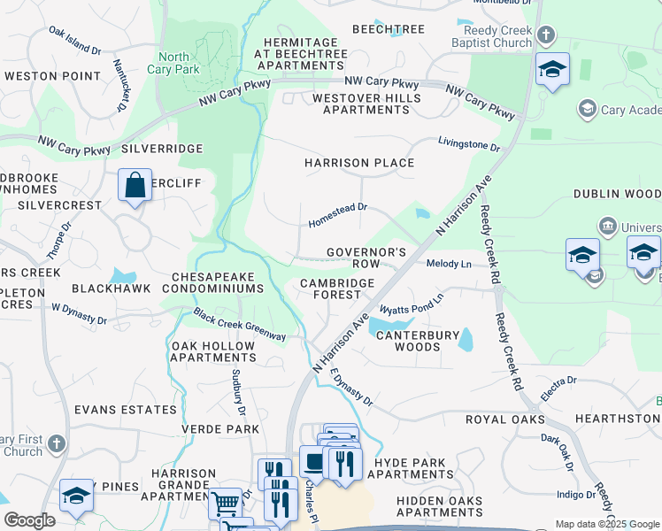 map of restaurants, bars, coffee shops, grocery stores, and more near 121 Westongate Way in Cary