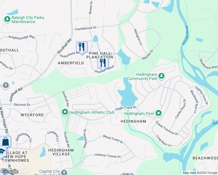 map of restaurants, bars, coffee shops, grocery stores, and more near 2062 Muirfield Village Way in Raleigh