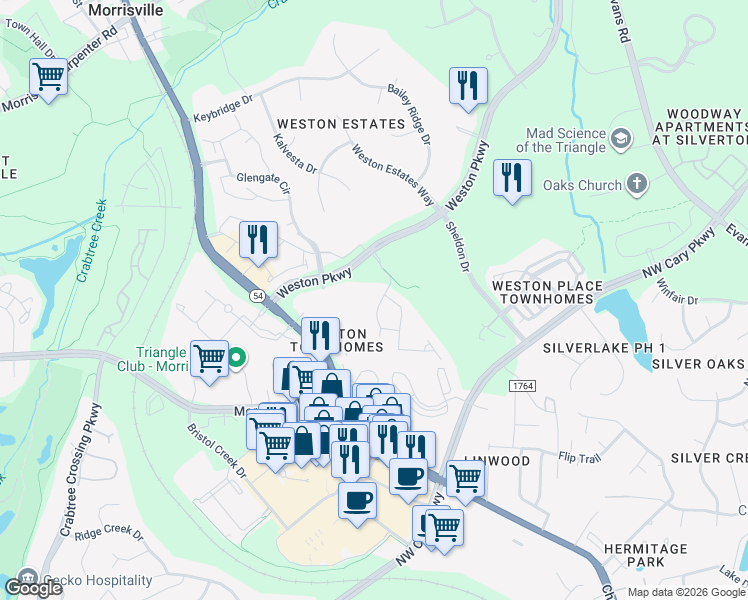 map of restaurants, bars, coffee shops, grocery stores, and more near 140 Wildfell Trail in Cary