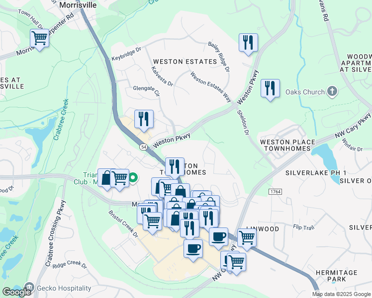 map of restaurants, bars, coffee shops, grocery stores, and more near 15501 Weston Parkway in Cary