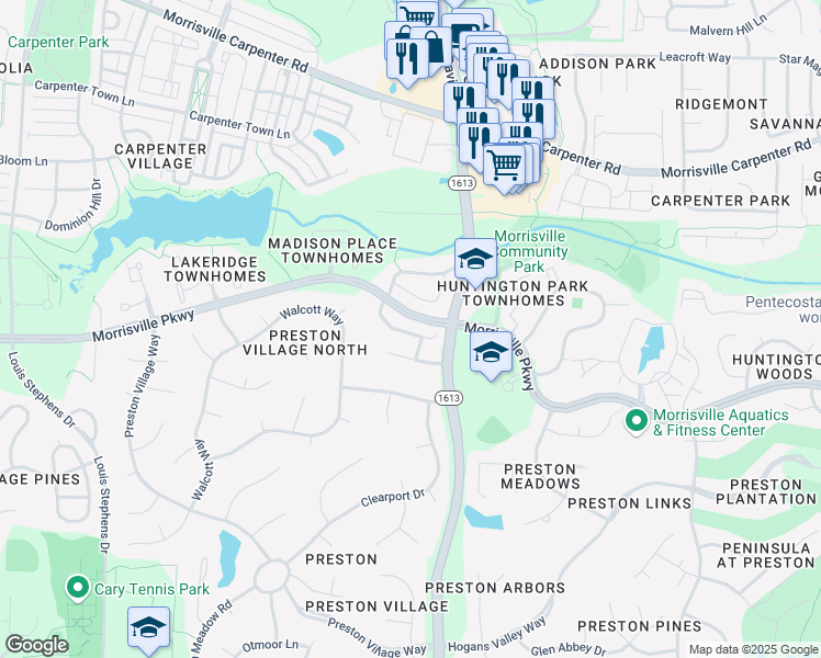 map of restaurants, bars, coffee shops, grocery stores, and more near 243 Murray Glen Drive in Cary
