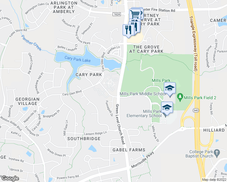 map of restaurants, bars, coffee shops, grocery stores, and more near 421 Waterford Lake Drive in Cary