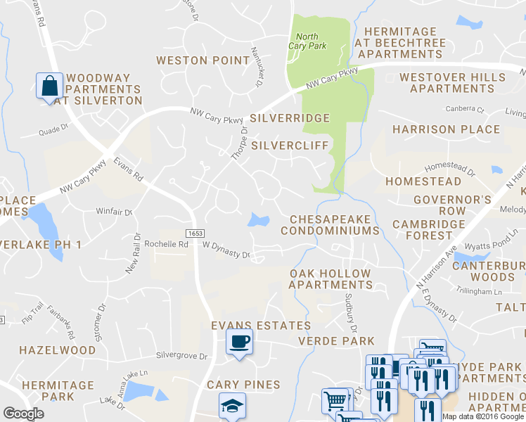 map of restaurants, bars, coffee shops, grocery stores, and more near 105 Snapdragon Court in Cary