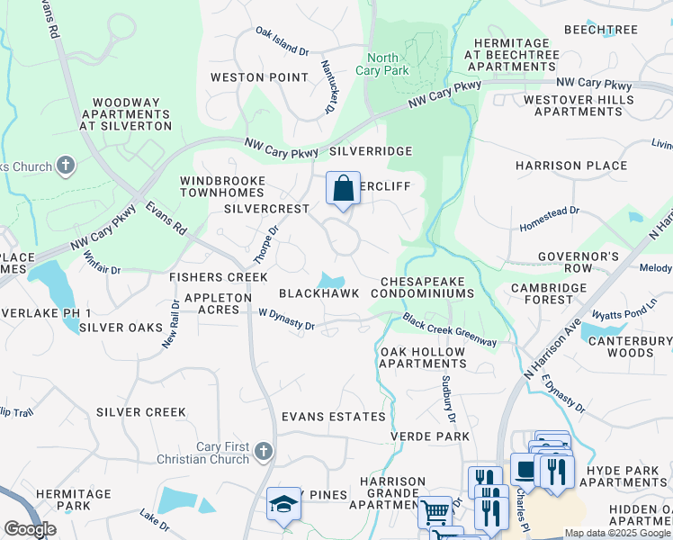 map of restaurants, bars, coffee shops, grocery stores, and more near 105 Snapdragon Court in Cary