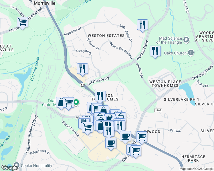 map of restaurants, bars, coffee shops, grocery stores, and more near 15501 Weston Parkway in Cary