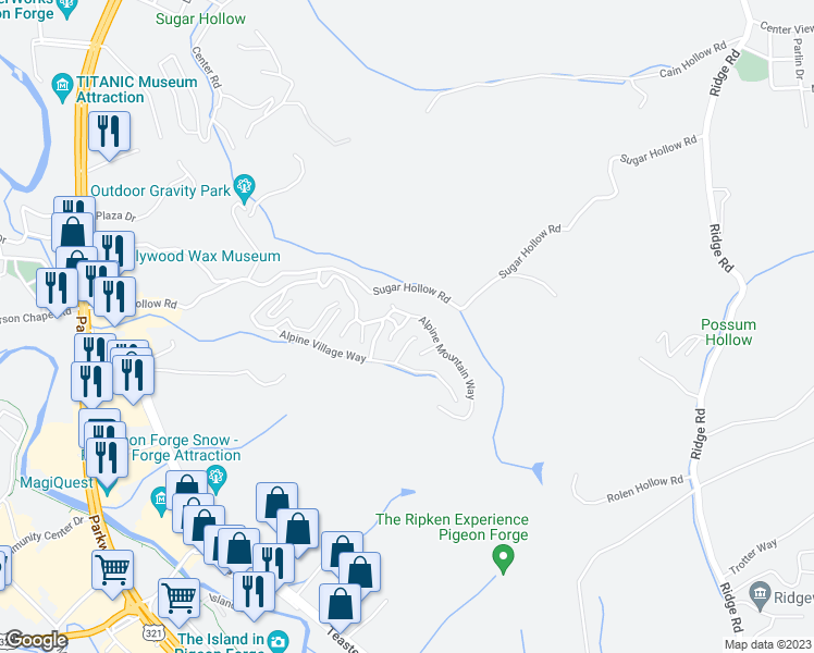 map of restaurants, bars, coffee shops, grocery stores, and more near 316 Alpine Mountain Way in Pigeon Forge