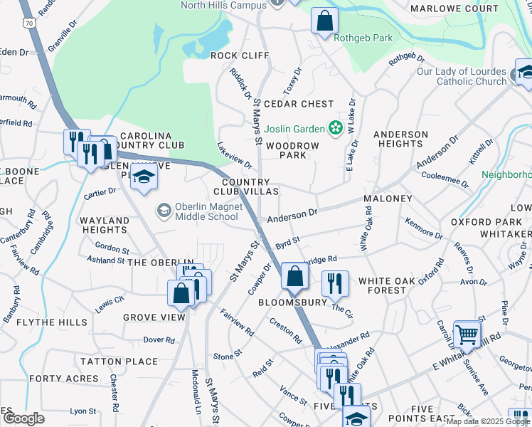 map of restaurants, bars, coffee shops, grocery stores, and more near 2502 Saint Marys Street in Raleigh