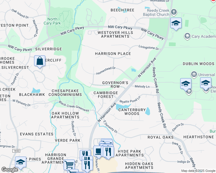 map of restaurants, bars, coffee shops, grocery stores, and more near 116 Westongate Way in Cary