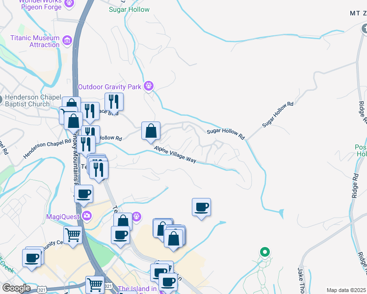 map of restaurants, bars, coffee shops, grocery stores, and more near 2338 Waterfall Way in Pigeon Forge