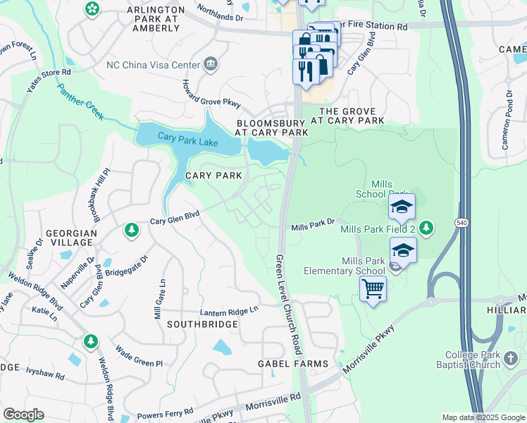 map of restaurants, bars, coffee shops, grocery stores, and more near 225 Waterford Lake Drive in Cary