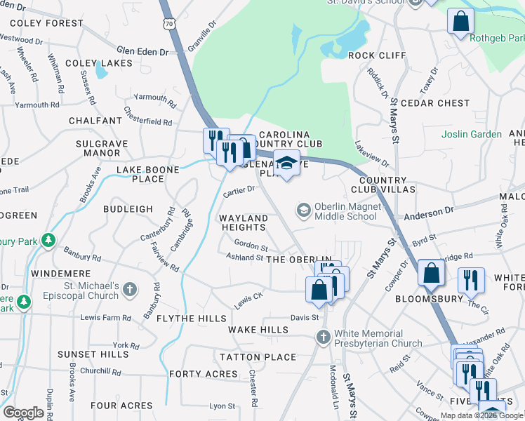 map of restaurants, bars, coffee shops, grocery stores, and more near 2607 Cartier Drive in Raleigh