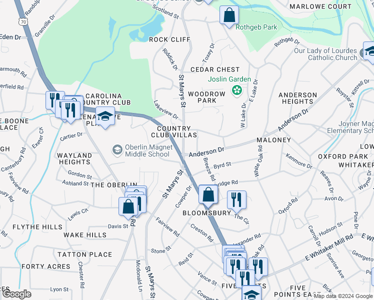 map of restaurants, bars, coffee shops, grocery stores, and more near 2502 Saint Marys Street in Raleigh