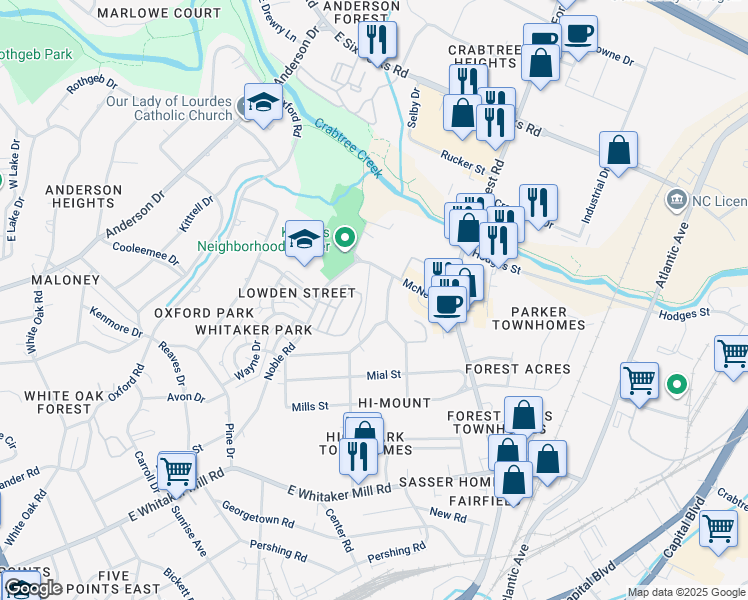 map of restaurants, bars, coffee shops, grocery stores, and more near 2357 Bernard Street in Raleigh