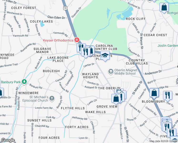 map of restaurants, bars, coffee shops, grocery stores, and more near 2607 Cartier Drive in Raleigh