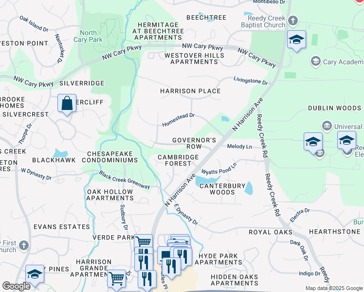 map of restaurants, bars, coffee shops, grocery stores, and more near 116 Westongate Way in Cary