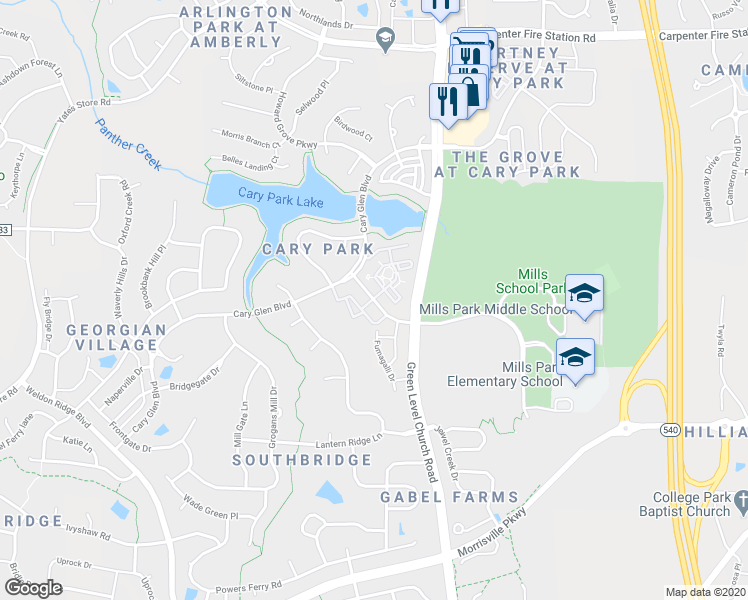 map of restaurants, bars, coffee shops, grocery stores, and more near 323 Waterford Lake Drive in Cary