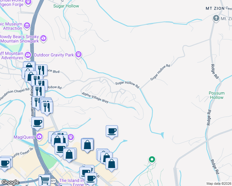 map of restaurants, bars, coffee shops, grocery stores, and more near 246 Alpine Mountain Way in Pigeon Forge