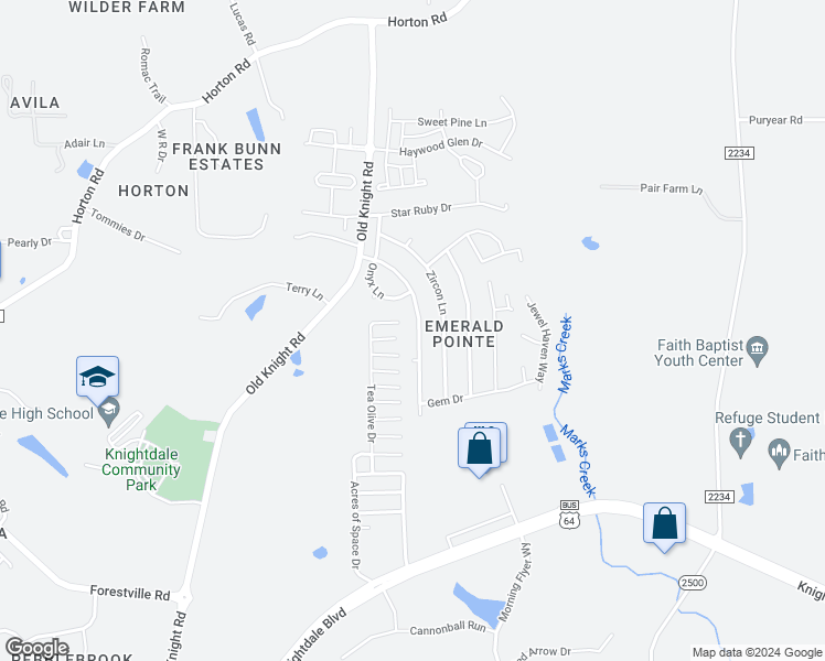 map of restaurants, bars, coffee shops, grocery stores, and more near 309 Aqua Marine Lane in Knightdale