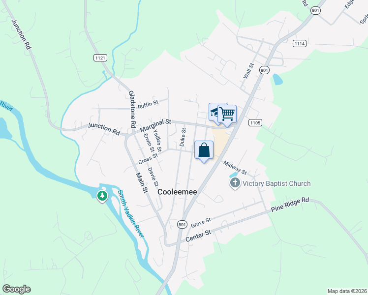 map of restaurants, bars, coffee shops, grocery stores, and more near 141 Church Street in Cooleemee