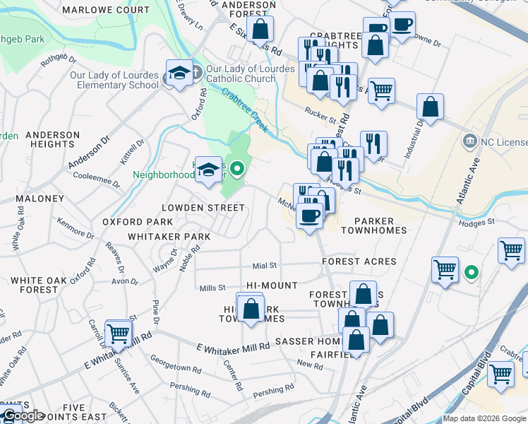 map of restaurants, bars, coffee shops, grocery stores, and more near 2357 Bernard Street in Raleigh