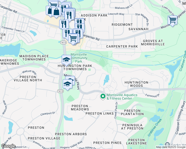 map of restaurants, bars, coffee shops, grocery stores, and more near 900 Golden Horseshoe Circle in Morrisville