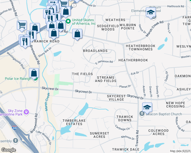 map of restaurants, bars, coffee shops, grocery stores, and more near 2523 Trout Stream Drive in Raleigh