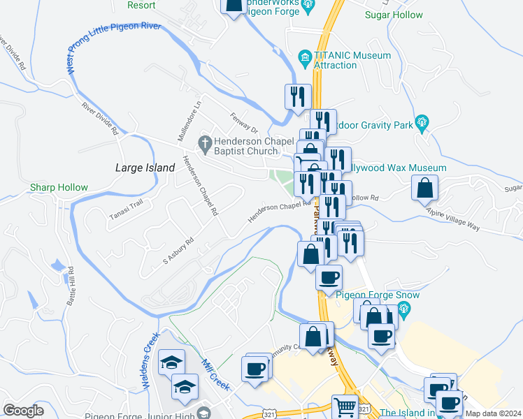 map of restaurants, bars, coffee shops, grocery stores, and more near 377 Henderson Chapel Road in Pigeon Forge