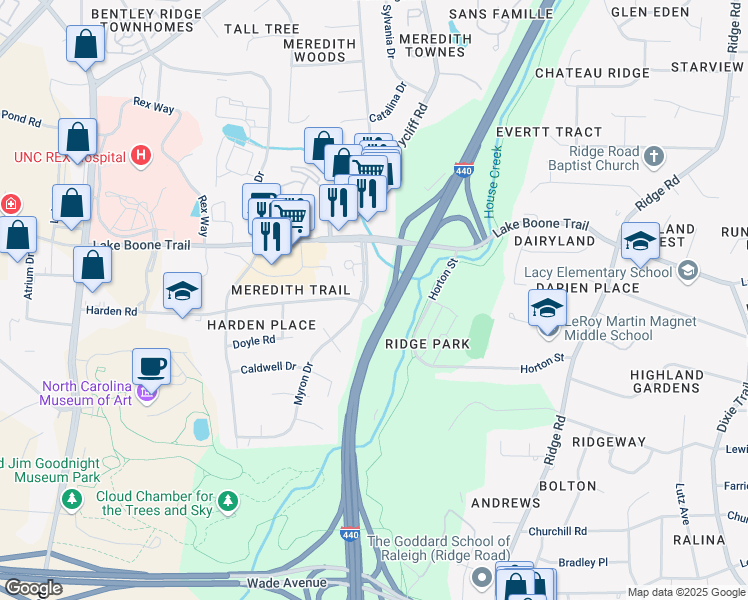 map of restaurants, bars, coffee shops, grocery stores, and more near 2300 Myron Drive in Raleigh