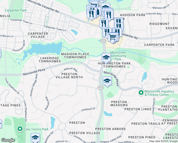 map of restaurants, bars, coffee shops, grocery stores, and more near 1111 Kingston Grove Drive in Cary