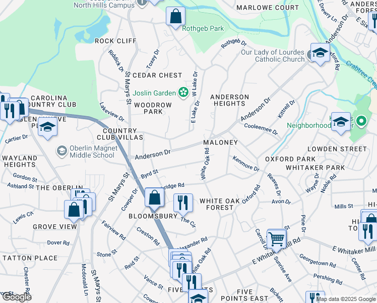 map of restaurants, bars, coffee shops, grocery stores, and more near 2412 Anderson Drive in Raleigh